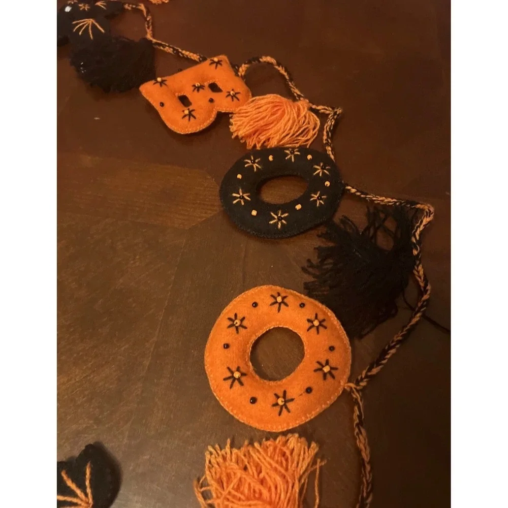Melange Collection Handmade Wool Halloween Boo Bat Garland Orange Black Peru